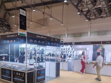 India Pavilion at the 54th Watch and Jewellery Show Middle East 2024, showcasing Indian jewellers' booths, diamond jewellery, fine gold, silver jewellery, gemstones, and pearls, inaugurated by H.E. H. H. Sheikh Abdullah Bin Salim Bin Sultan Al Qasimi.