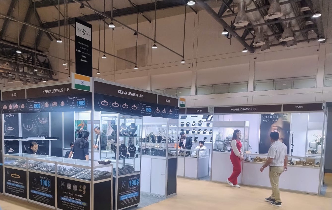India Pavilion at the 54th Watch and Jewellery Show Middle East 2024, showcasing Indian jewellers' booths, diamond jewellery, fine gold, silver jewellery, gemstones, and pearls, inaugurated by H.E. H. H. Sheikh Abdullah Bin Salim Bin Sultan Al Qasimi.