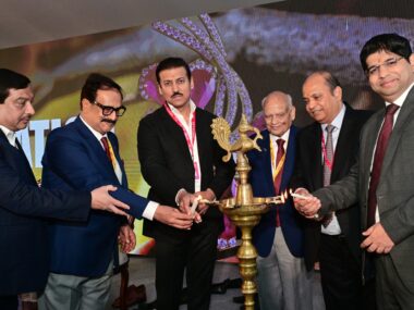 Lamp lighting ceremony at the inauguration of JJS 2024 (L to R): Nirmal Bardiya, Rajiv Jain, Rajyavardhan Singh Rathore, Vimal Chand Surana, Pramod Derewala, Saiyam Mehra